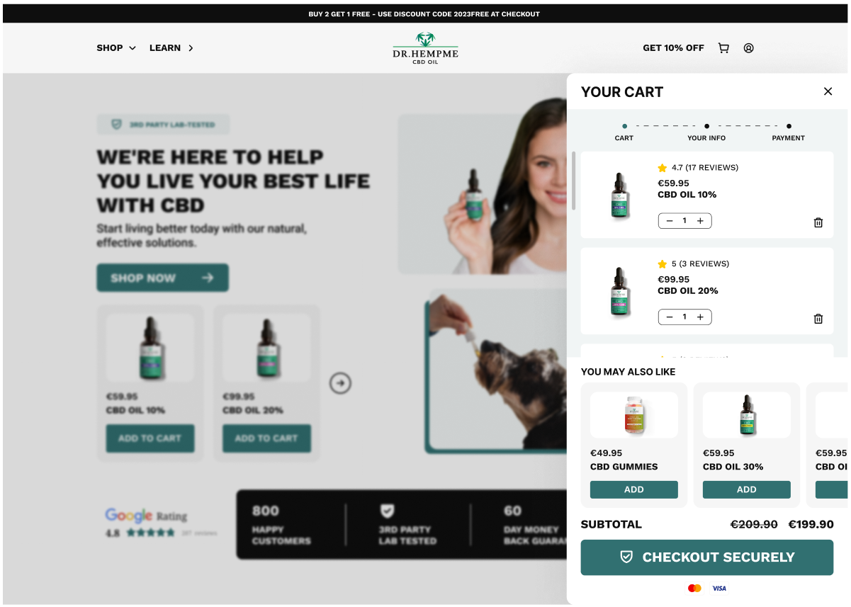 Screenshot showcasing the side cart feature of the Dr. Hemp Me website.