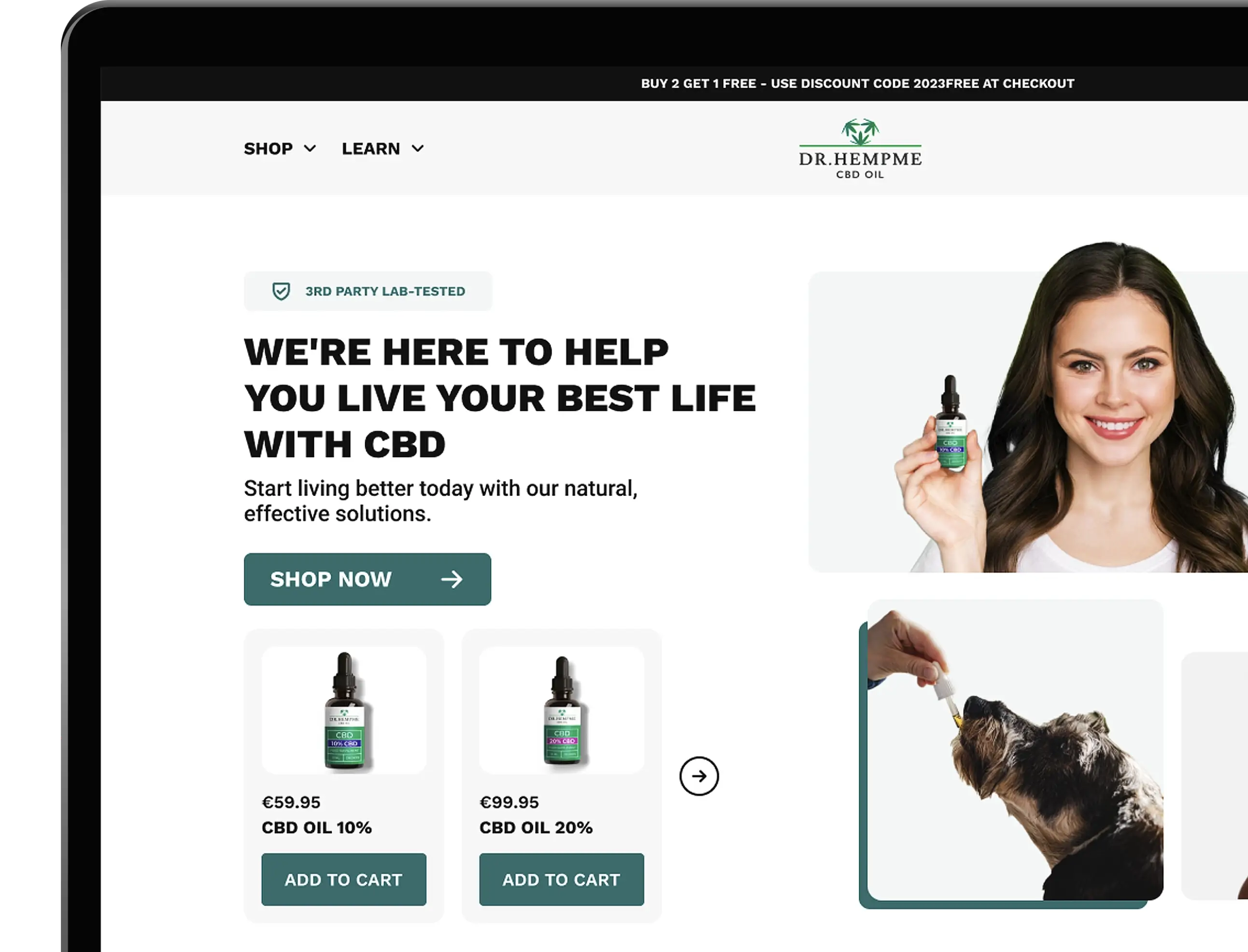 Dr Hemp Me project mockup displaying the home page on a laptop screen.