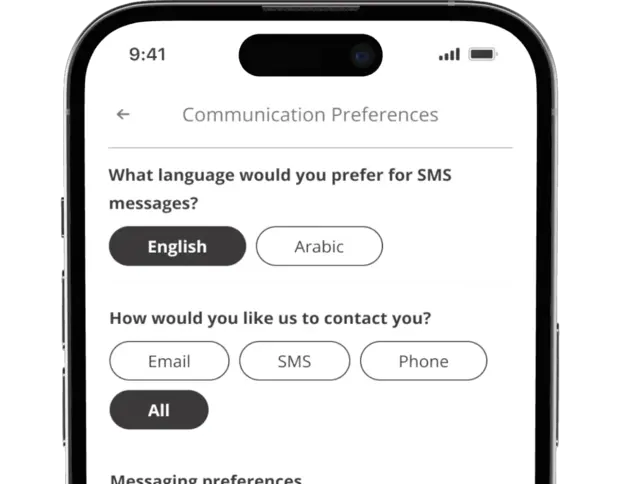 Rakbank project mockup displaying communication preferences on an iPhone screen.