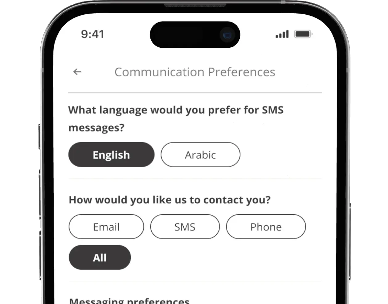 Rakbank project mockup displaying communication preferences on an iPhone screen.