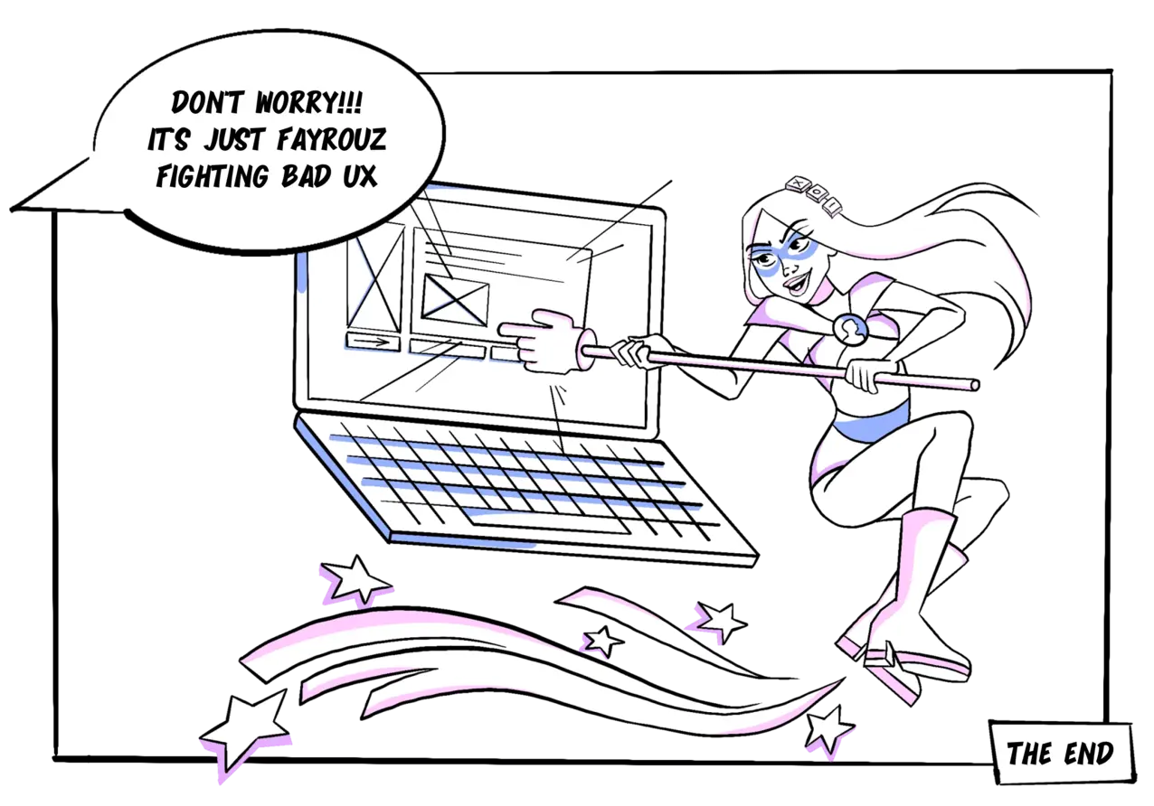 Comic illustration of superhero Fayrouz holding a weapon, a stick with a hand at the front, pointing towards a laptop displaying a website, symbolizing her fight against bad UX on websites.