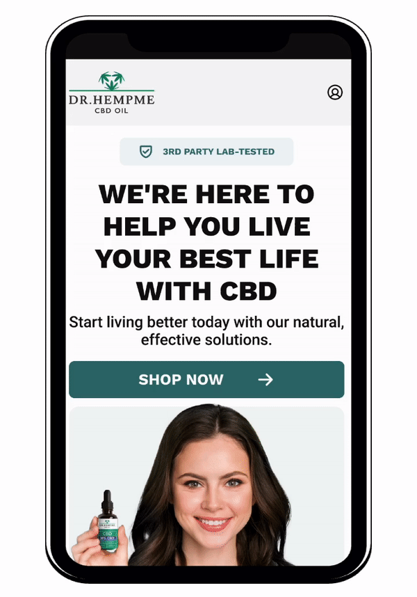Animated display of the Dr. Hemp Me website as viewed on a mobile device, showcasing responsive design and interactions.