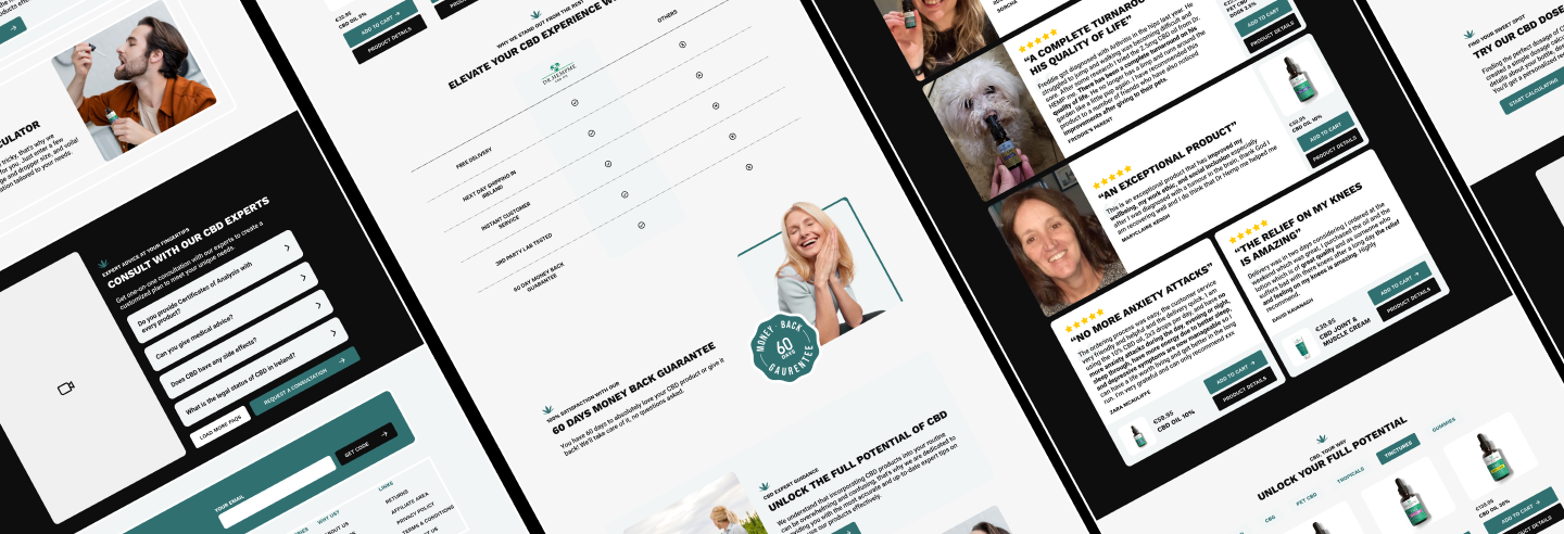 Screenshots of various pages from the Dr. Hemp Me website.