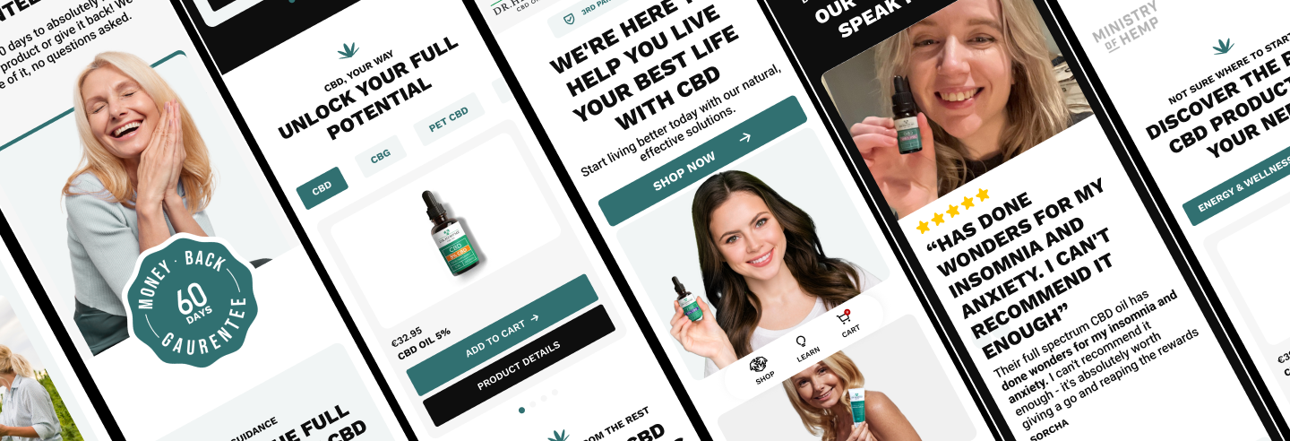 Screenshots of various mobile pages from the Dr. Hemp Me website.