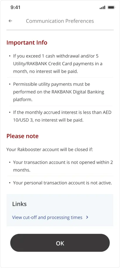 Rakbank project mockup displaying communication preferences page on an iPhone screen.