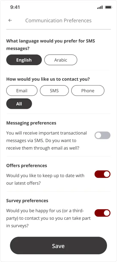 Rakbank project mockup displaying communication preferences page on an iPhone screen.